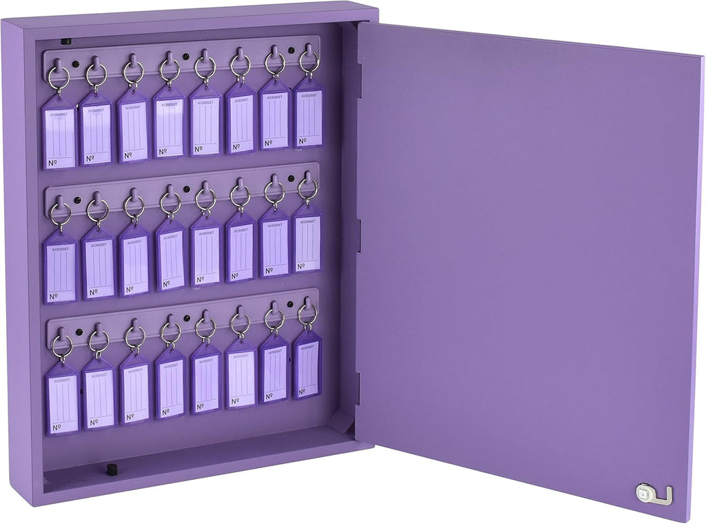 Acrimet 24-Key Cabinet with Lock, Wall Mount Wooden Key Organizer, Security Key Storage Box (24 Positions) with Numbered Hooks & Clear Purple Key Tags – Commercial & Home Use (Purple)