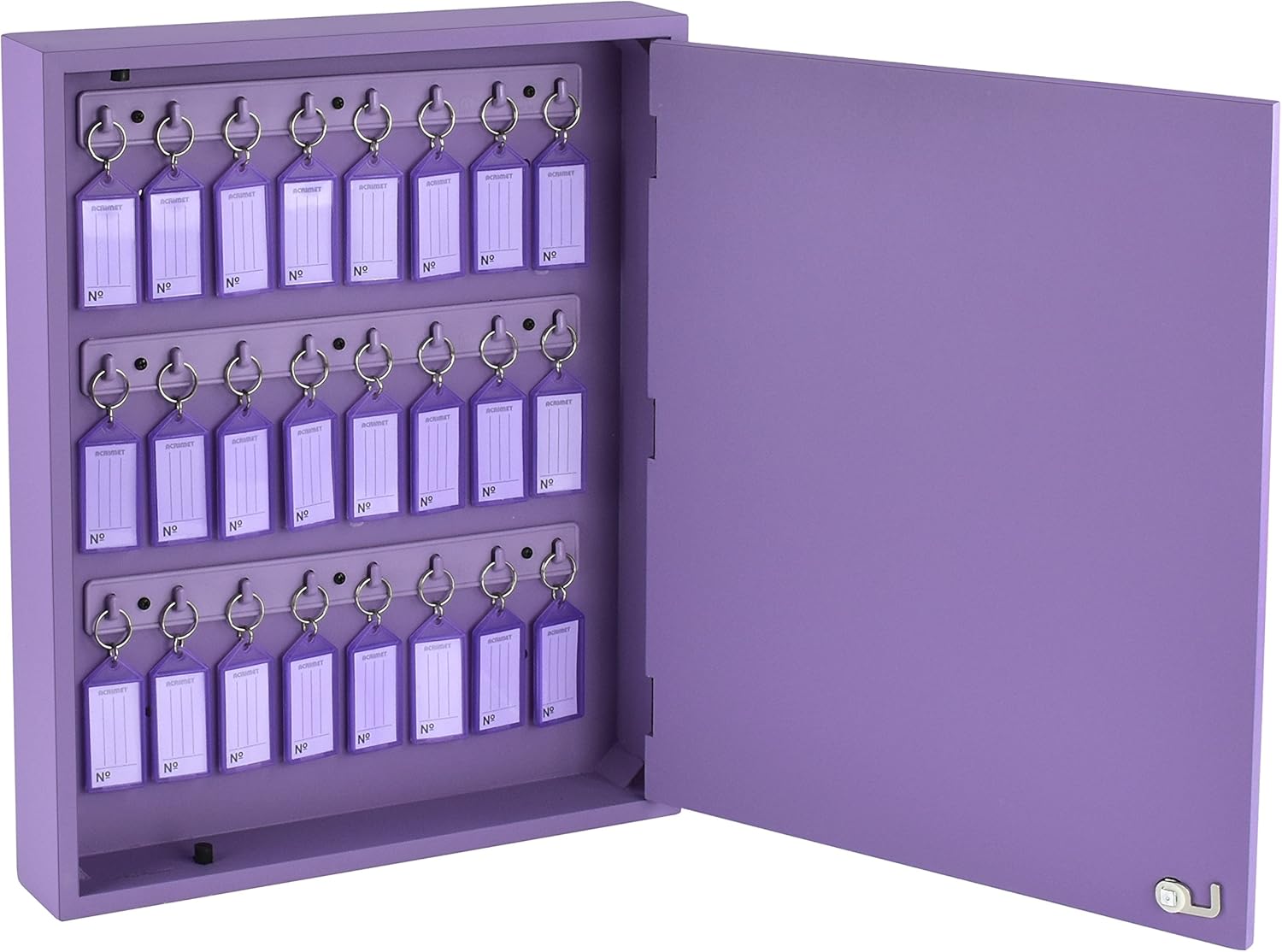 Acrimet 24-Key Cabinet with Lock, Wall Mount Wooden Key Organizer, Security Key Storage Box (24 Positions) with Numbered Hooks & Clear Purple Key Tags – Commercial & Home Use (Purple)