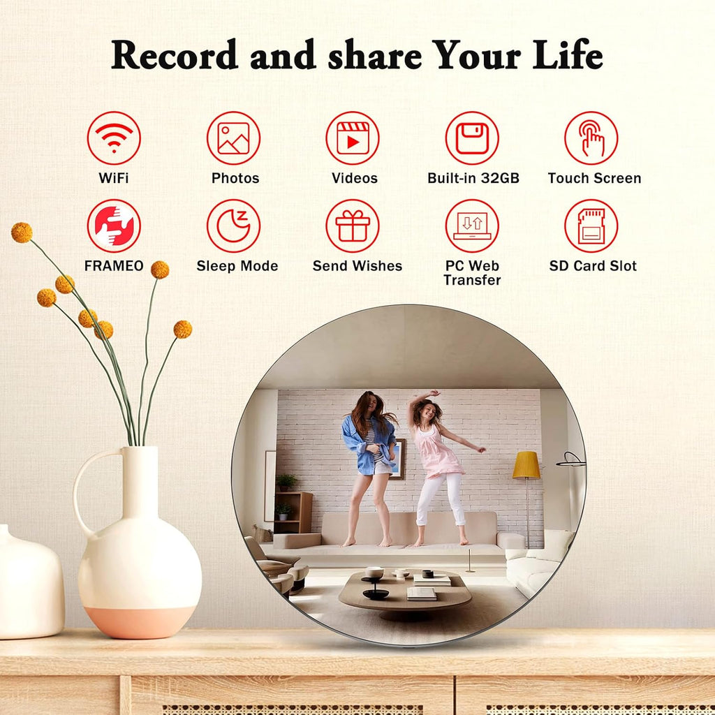 Frameo Digital Picture Frame – 10.1" Smart Mirror Touchscreen Display Anti-Fog, WiFi Digital Mirror Share Photos & Videos via App, Wall/Tabletop Mount 32GB Frame for Home Decor & Gifts