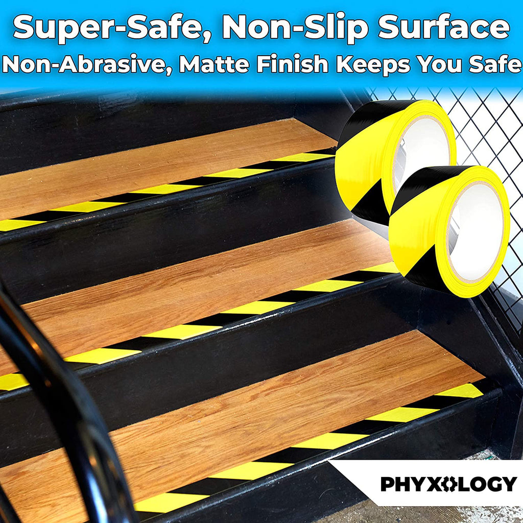 Double-Roll of Ultra-Adhesive Black & Yellow Hazard Tape for Floor Marking 2 Pk. Mark Floors & Watch Your Step Areas for Safety with High-Visibility Anti-Scuff Striped Vinyl by Phyxology Supply.