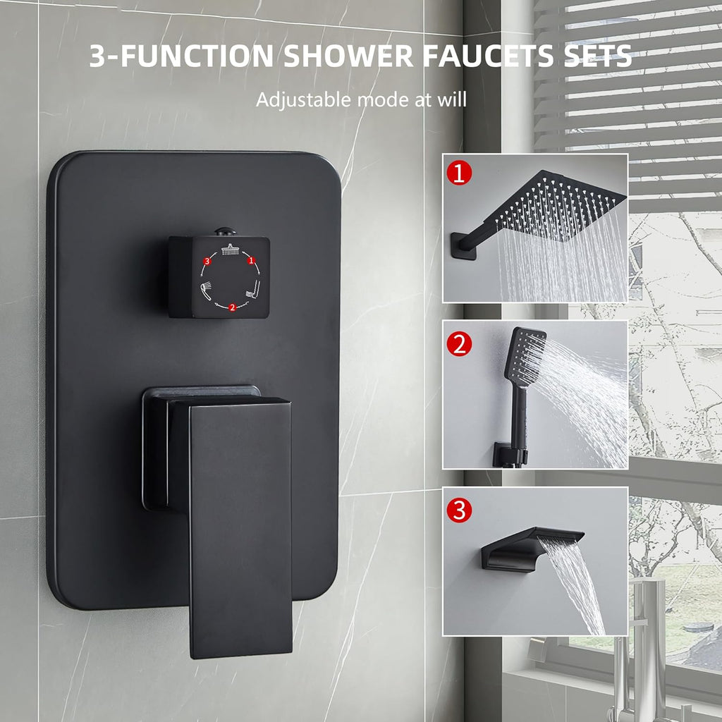 Shower Faucet Set Complete Matte Black Shower System with 10 inch Square Rainfall Shower Head 3-Function Handheld Shower Waterfall Bathtub Spout Rain Shower Combo Set Bathroom Wall Mounted