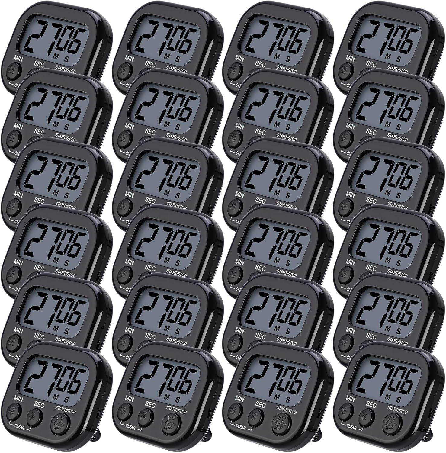 Leumoi 24 Pcs Digital Kitchen Timers Magnetic Back Timers Bulk Large Screen Loud Alarm On/Off Switch Minute Second Count up Countdown Memory Setting for Cooking Classroom Exercise (Black)