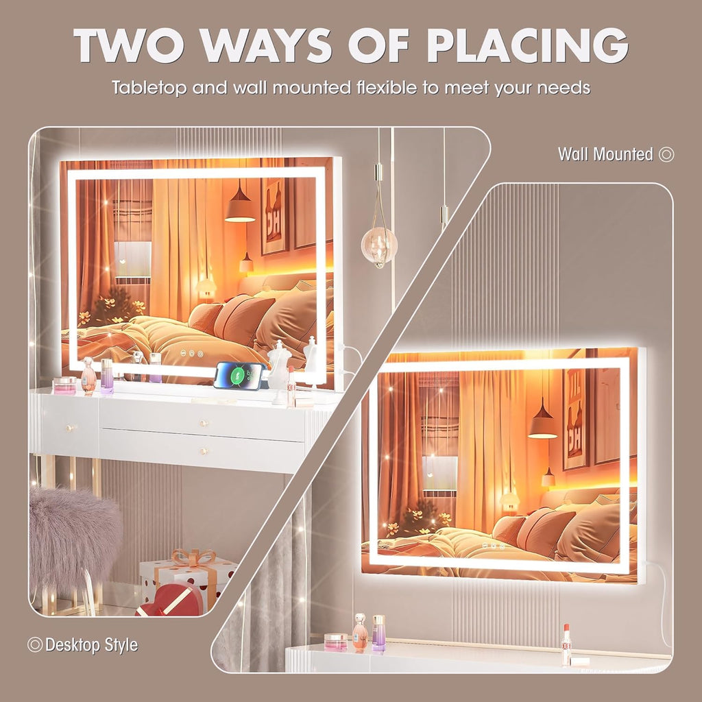 Hasipu Vanity Mirror with Lights, 32" x 20" LED Makeup Mirror, Lighted Makeup Mirror with Dimmable 3 Modes, Touch Screen Control Vanity Mirror Square White