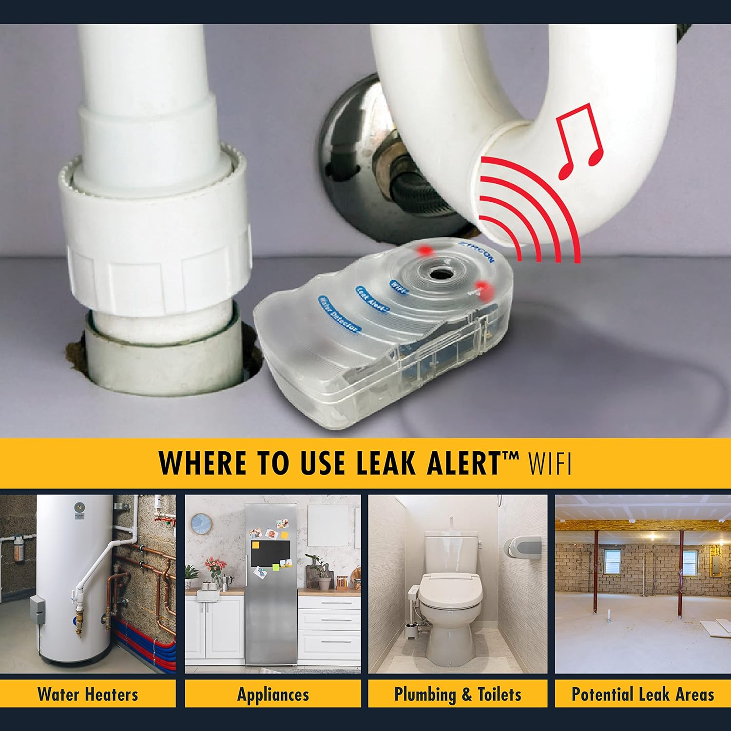 Zircon Leak Alert Wifi - Smart Electronic Water Detector Alarm with Email, Audio & Visual Alerts - Battery Included,White