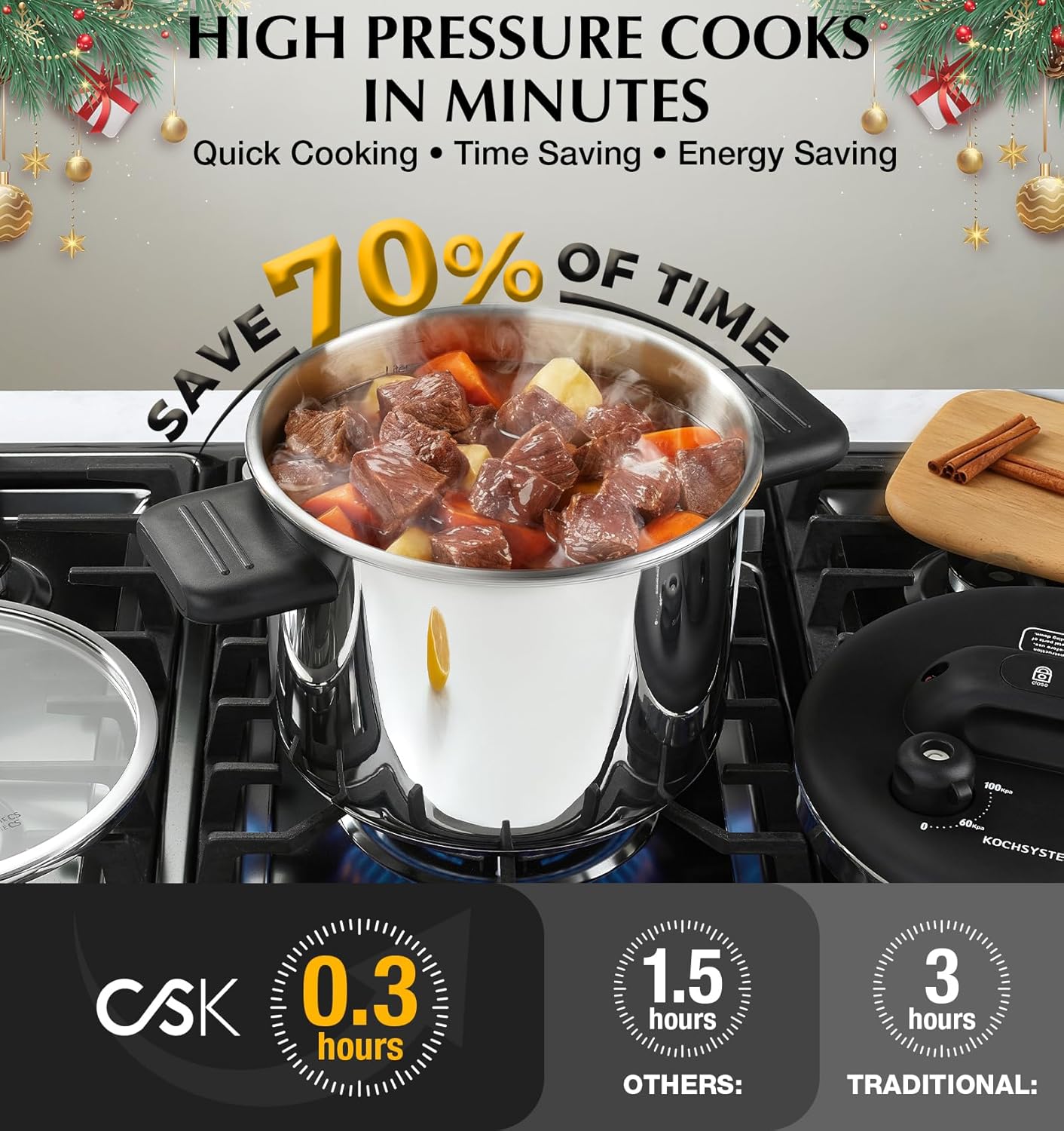 KOCH SYSTEME CS 8.5QT Pressure Cooker Stainless Steel, Olla de Presion, 18/10 Stainless Steel Pressure Cooker, Easy One-Press Lock Pressure Cookers, Induction Ready, Glass Lid & Steamer