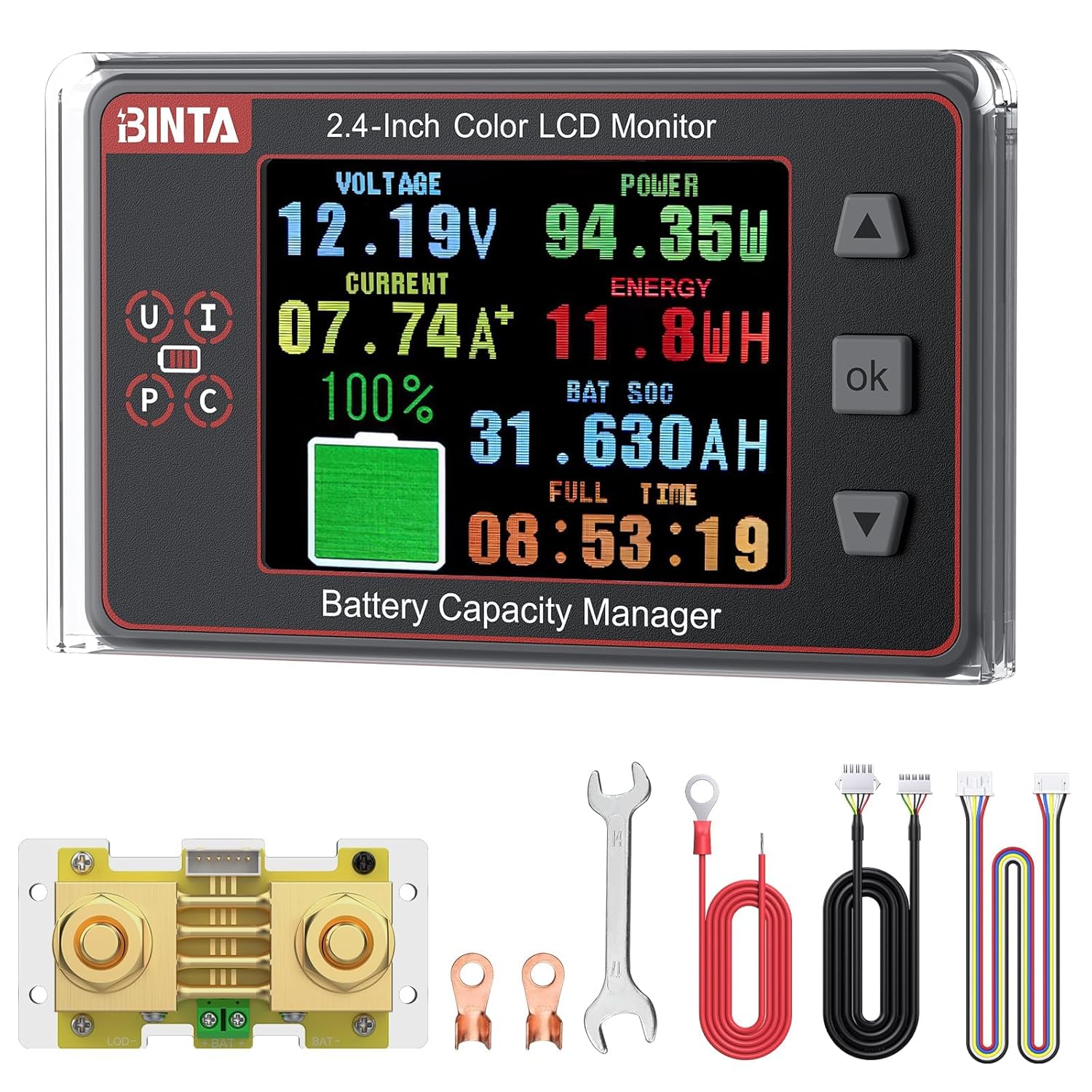 BINTA 500A Battery Monitor Shunt 8-100V 2.4 Inch Color Screen for Lifepo4 Lithium Sealed Gel Flooded Batteries, Backlight Waterproof Battery Monitor with Sliding Cover for Car RV Golf Cart Solar Panel