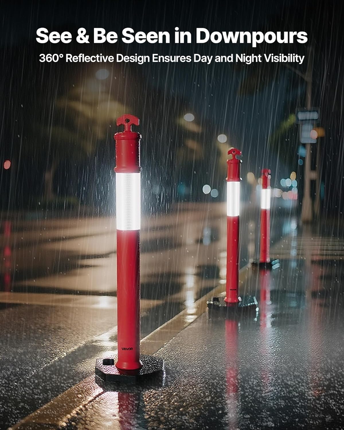 VEVOR 9 Pack Traffic Delineator Posts, 48 inches Traffic Safety Cones with Weighted Base and Reflective Strips, Heavy Duty Delineator Posts for Construction Site, Parking Lot, Crowd Control, Red