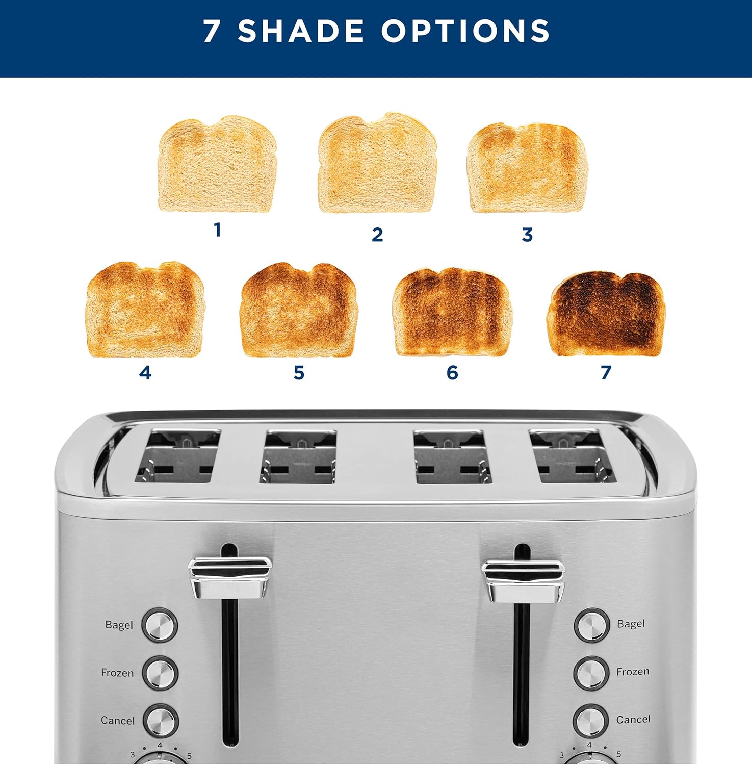 GE Stainless Steel 4 Slice Toaster | Extra Wide Slots for Bagels, Breads, Waffles & More | 7 Shade Options | Countertop Kitchen Essentials | 1500 watt