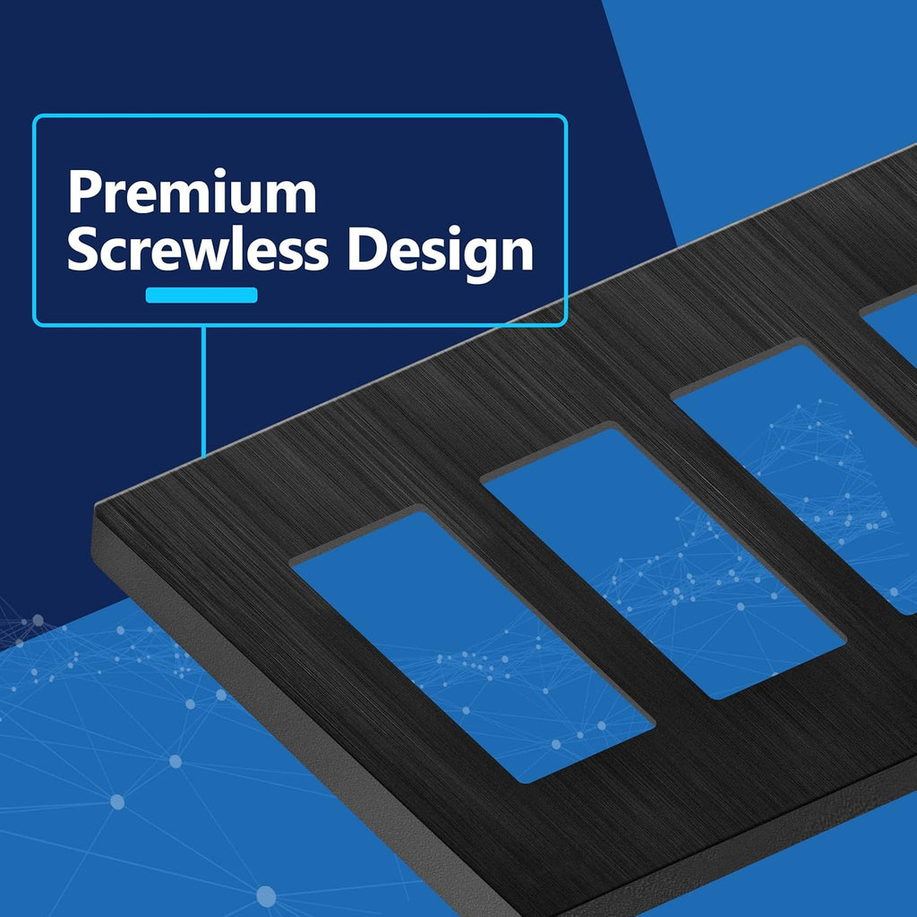 LIDER Brushed Finish Decorator Switch Cover, Screwless Wall Plate, Mid-Size 4-Gang 4.88" x 8.58", Unbreakable Polycarbonate Thermoplastic, UL Listed, LSWP-34M-BBK, Brushed Black