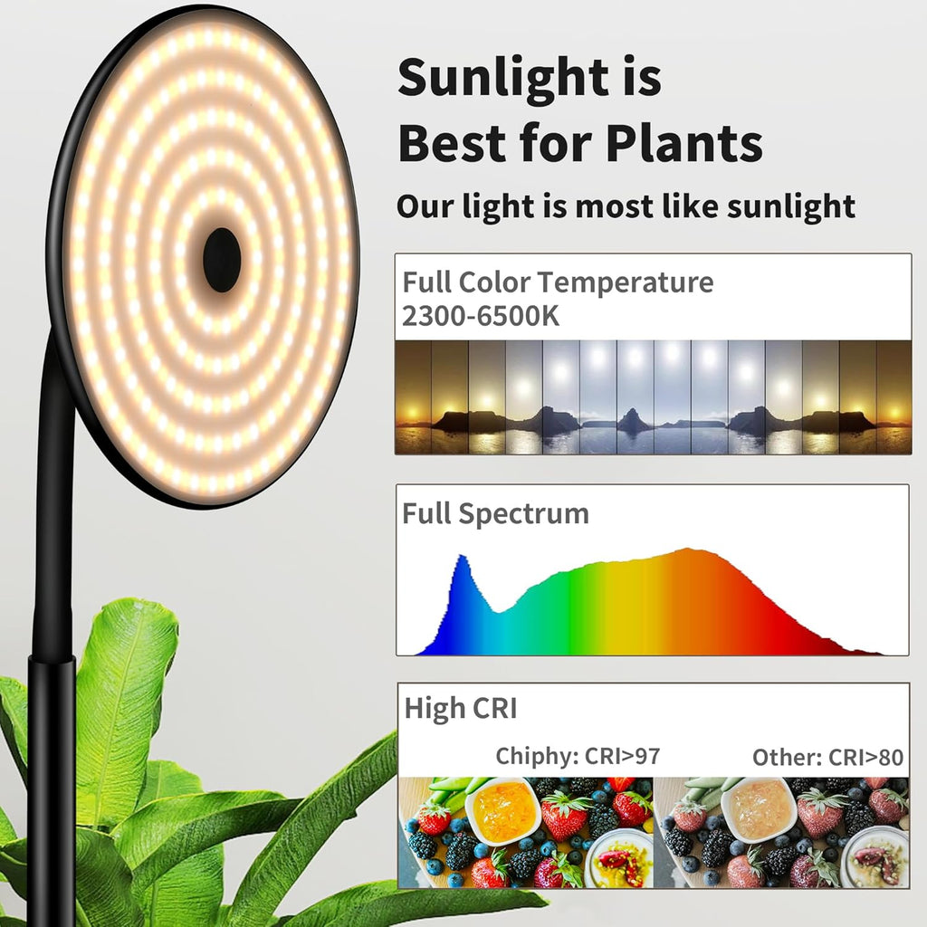 chiphy Grow Lamp, 60W Full Spectrum Grow Lights for Indoor Plants, 4/8/12H Timer, 2300K-6500K, 10 Dimmable Brigntness, 76'' Height Adjustable, Remote Control, Ideal for Tall Large Plants