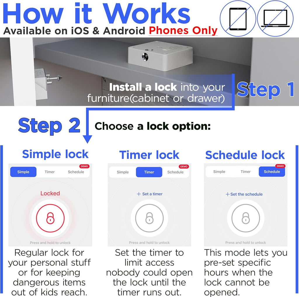 Smart Lock for Cabinets & Drawers - Bluetooth Timer Lock Box for Alcohol, Snacks, Video Games, Medication - App-Controlled Safe with Multiple Modes - Supports Focus and Healthy Routines