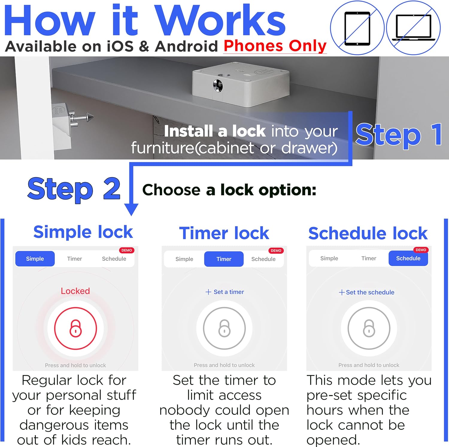 Smart Lock for Cabinets & Drawers - Bluetooth Timer Lock Box for Alcohol, Snacks, Video Games, Medication - App-Controlled Safe with Multiple Modes - Supports Focus and Healthy Routines