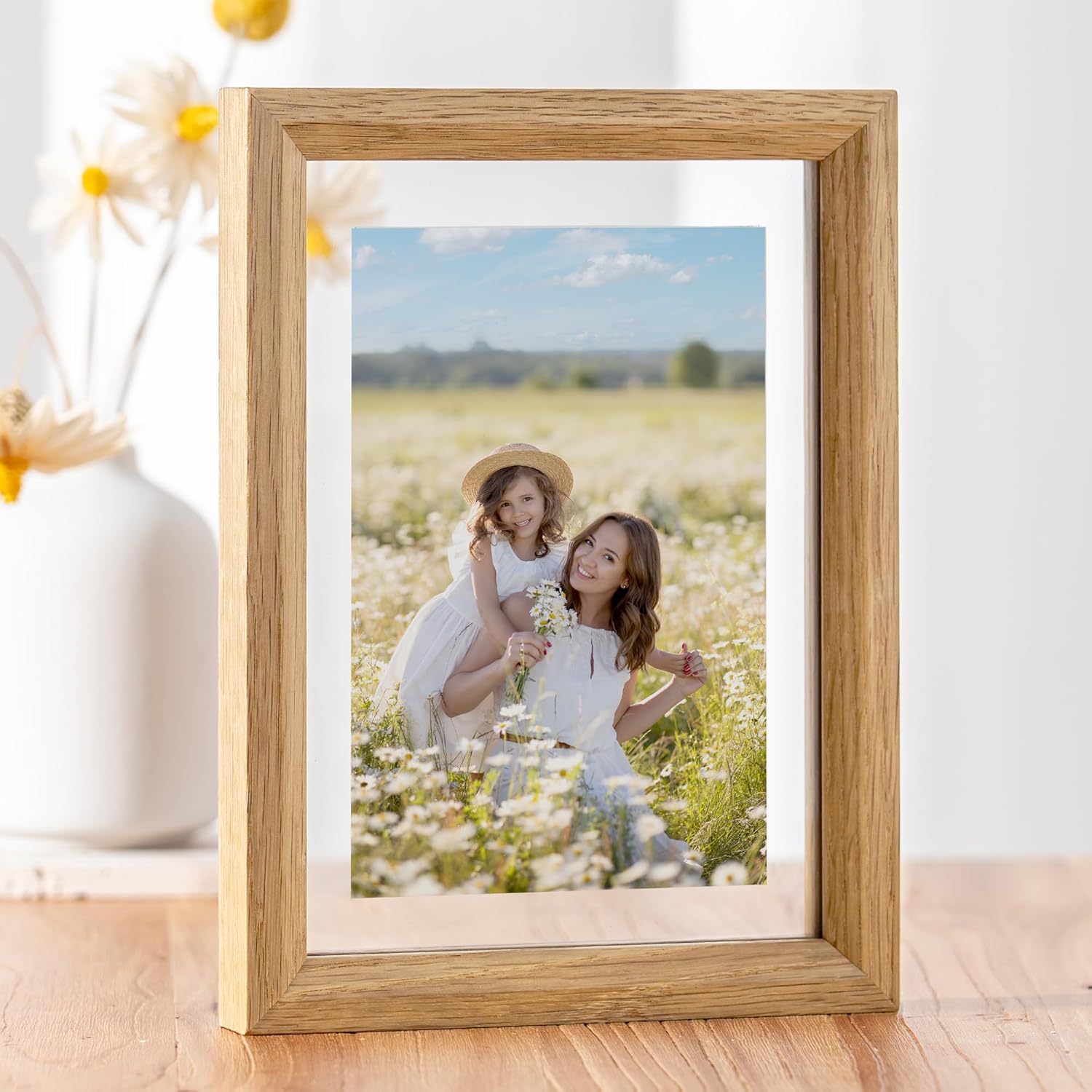 Axeman 6x8 Floating Picture Frame - Solid Oak Wood Picture Frame, Double Tempered Glass Photo Frame 2x3 4x6 5x7 6''x8'' Wood Frame, Wall Mount Or Tabletop Standing, Natural