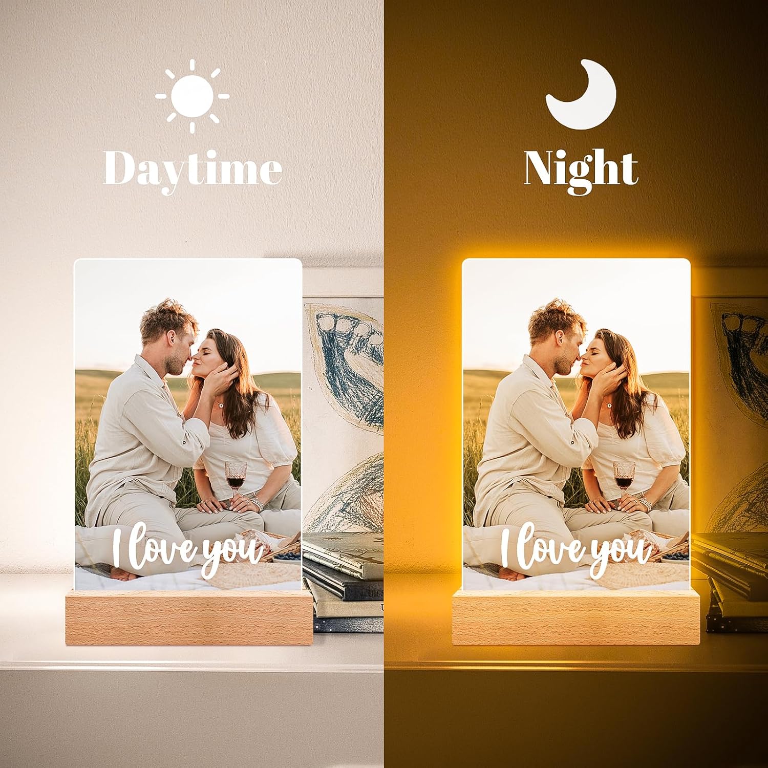 Personalized Picture Frame, Custom Photo Frame with Night Light, Custom Picture Frames, Personalized Anniversary Birthday Valentines Day Gifts for Women Men Her Him Girlfriend Boyfriend Couple