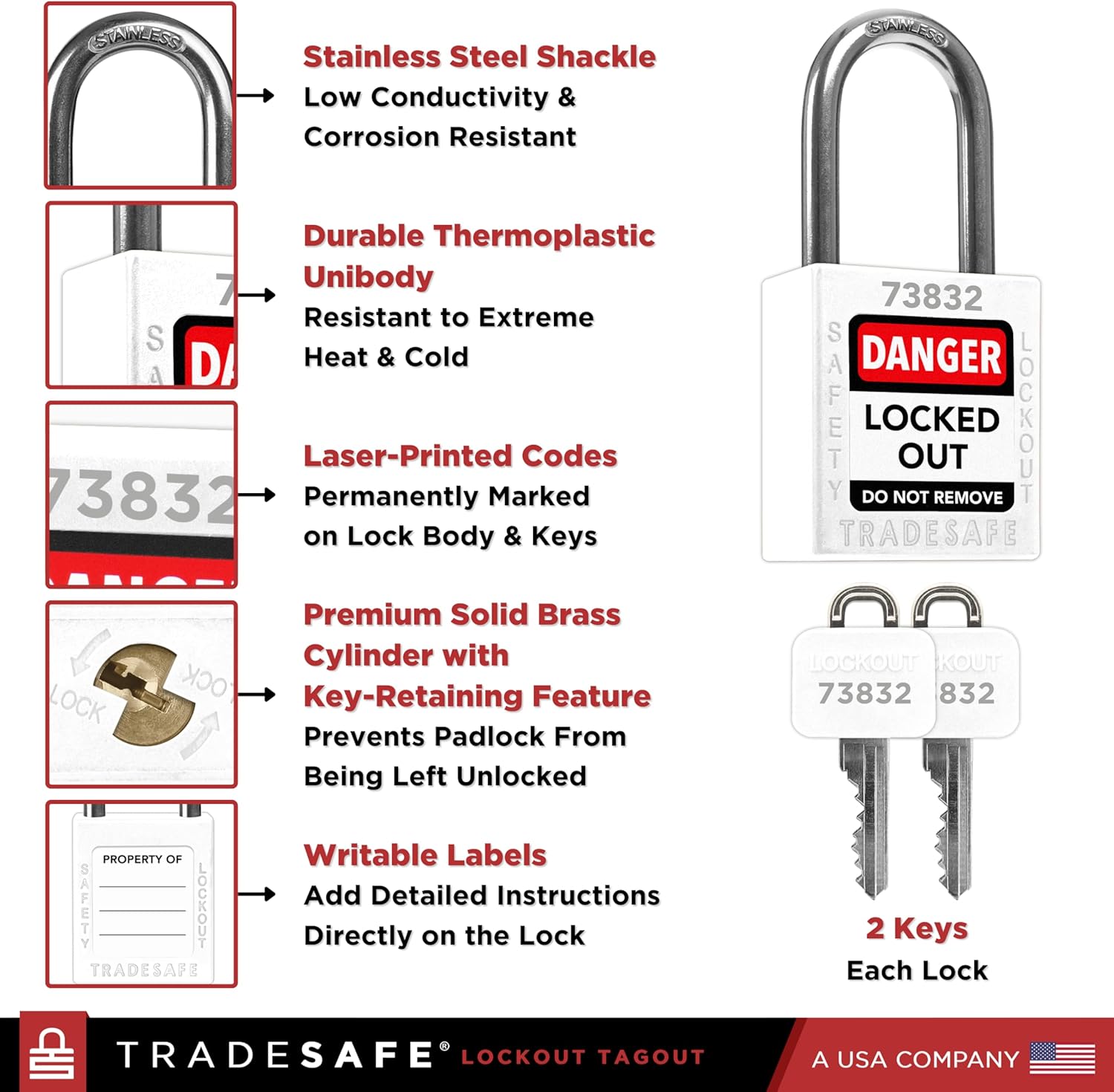TRADESAFE Lockout Tagout Locks Set - 10 White Loto Locks, Keyed Alike Lockout Locks, 2 Keys Per Lock, OSHA Compliant Lock Out Tag Out Padlocks