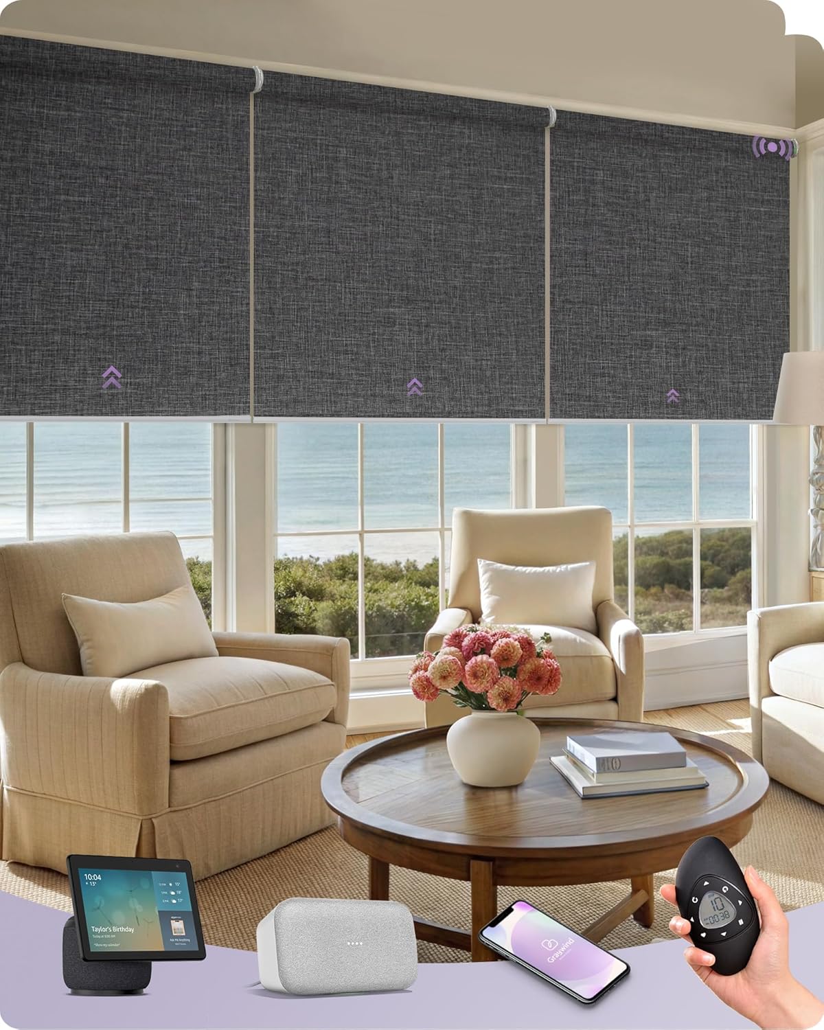 Graywind Smart Coupled Roller Shades Compatible with Alexa Google Custom Size Extra Large Motorized Blinds for Windows(Dark Grey)