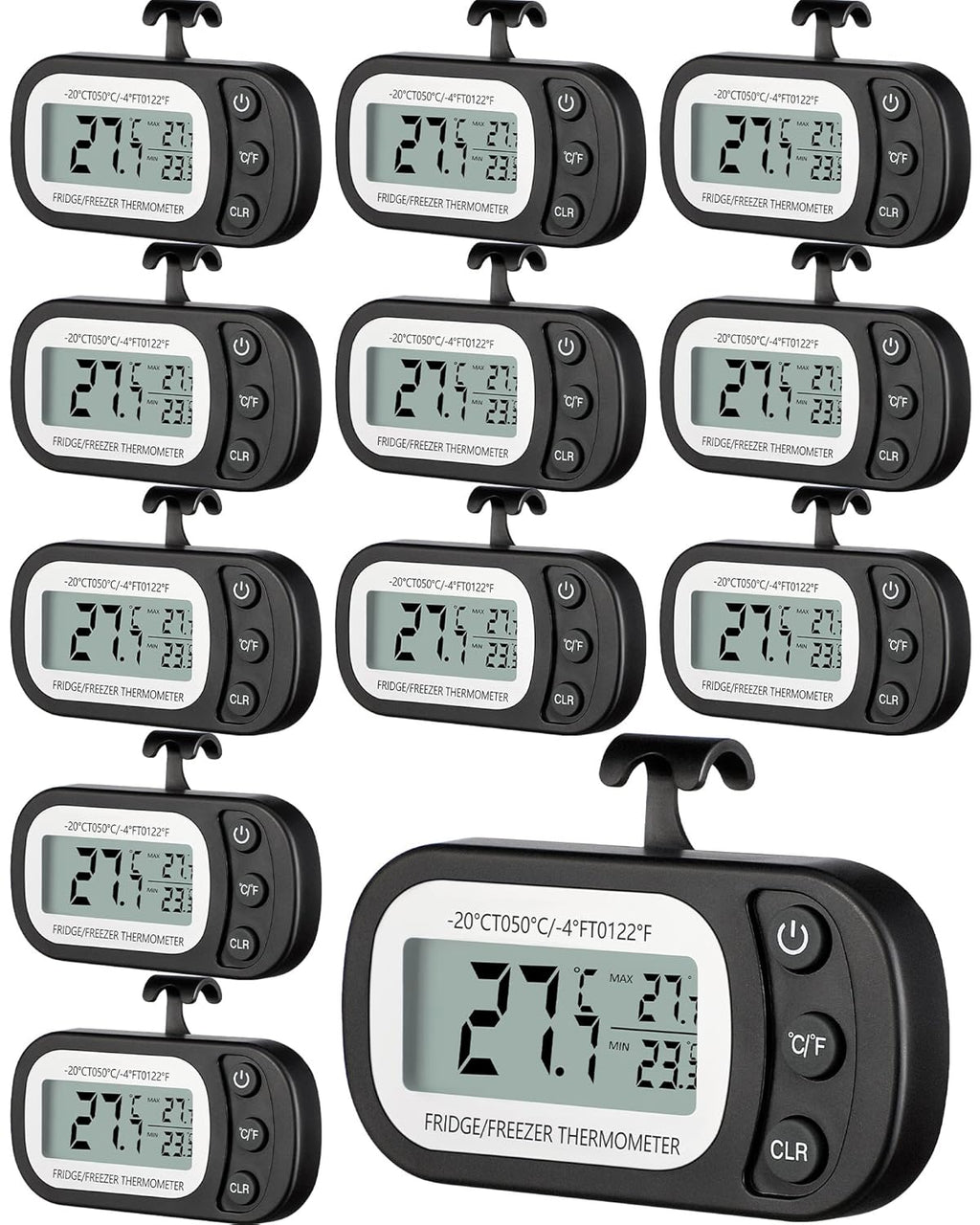 Frienda 12 Pack Black Digital Fridge Thermometer Waterproof Refrigerator and Freezer Room Max/min Record Function LCD Screen Refrigerator Thermometer with Hook and Magnetic Back for Home