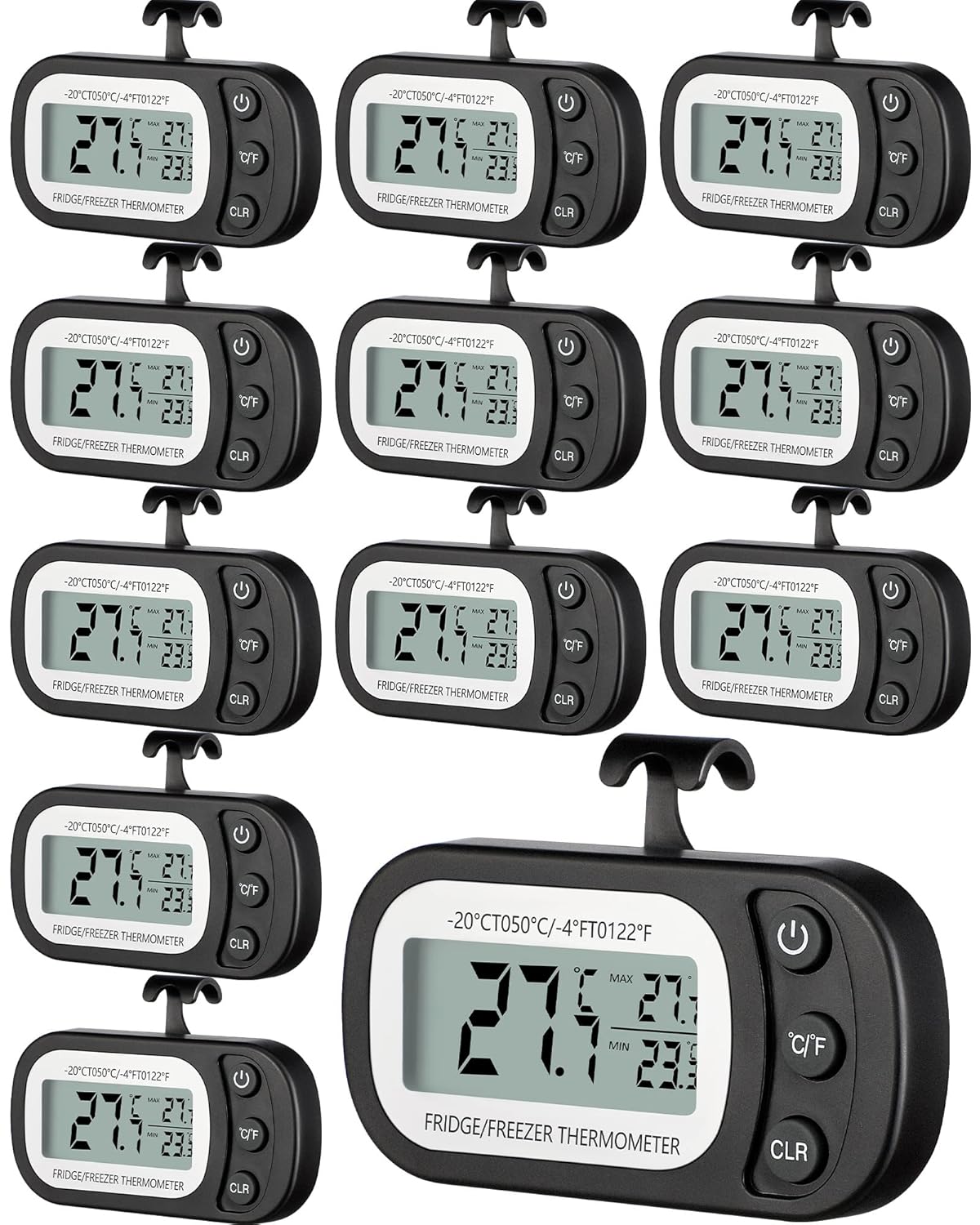 Frienda 12 Pack Black Digital Fridge Thermometer Waterproof Refrigerator and Freezer Room Max/min Record Function LCD Screen Refrigerator Thermometer with Hook and Magnetic Back for Home