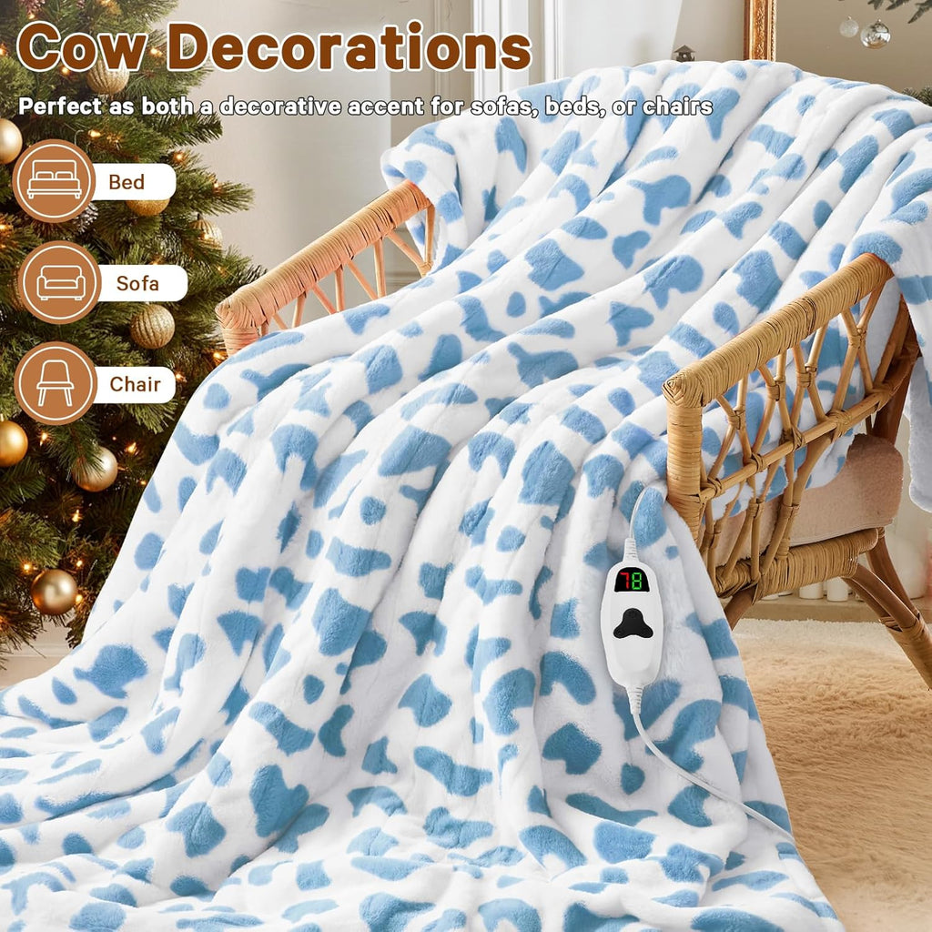 Cow Print Heated Electric Blanket Twin,62X84 Blue Heating Blanket with 10 Heats Levels & 8 Hours Auto Off,Cute Cow Decor Fleece Sherpa Blankets Warmer Gifts for Women Couch Office,Washable