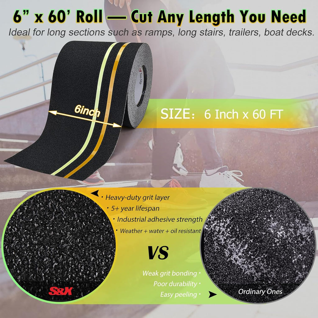 S&X Heavy Duty Anti Slip Tape 6 Inch x 60 Ft, High Traction Non Skid Grip Tape with Reflective & Glow-in-The-Dark Strips, Outdoor Stair Treads Non-Slip for Steps Ramps Boats Decks Long-Lasting