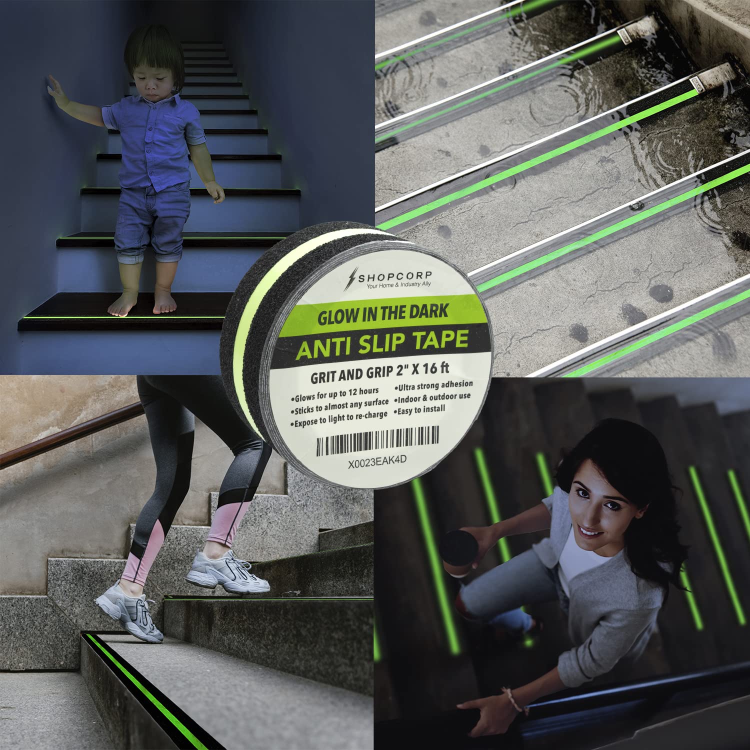 Anti Slip Glow in The Dark Traction Tape 2Inch x 16ft – Heavy Duty Adhesive Grip Non Skid Tape for Stairs Waterproof Safety - Outdoor/Indoor - Neon Strips Walk Black - 2 Pack
