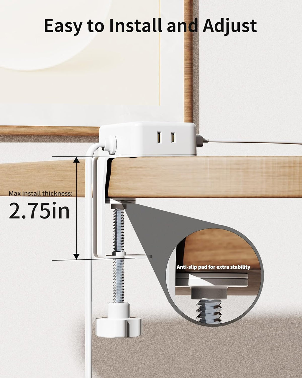 Desk Clamp Power Strip, Desktop Mount Charging Station with 4 Outlets 4 USB Ports (2 USB C), 10Ft Under Desk Power Strip, Fits 2.75" Tabletop Edge, Extension Cord for Home Office, White