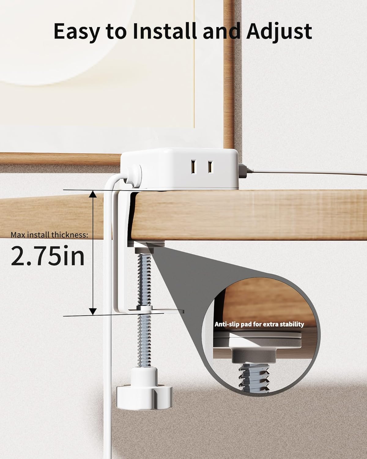 Desk Clamp Power Strip, Desktop Mount Charging Station with 4 Outlets 4 USB Ports (2 USB C), 10Ft Under Desk Power Strip, Fits 2.75" Tabletop Edge, Extension Cord for Home Office, White