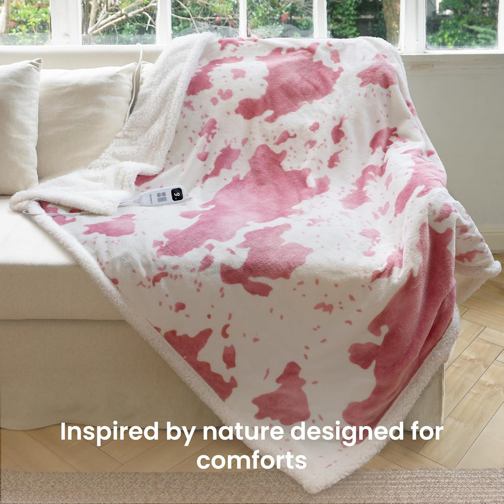 Cow Print Heated Throw Blanket Electric Blanket-Heating Blanket Throw with 10 Heat Levels & 10 Hours Auto-Off, Cozy Soft Fleece Sherpa, Washable, 50 x 60 Inches Cow Print Pink