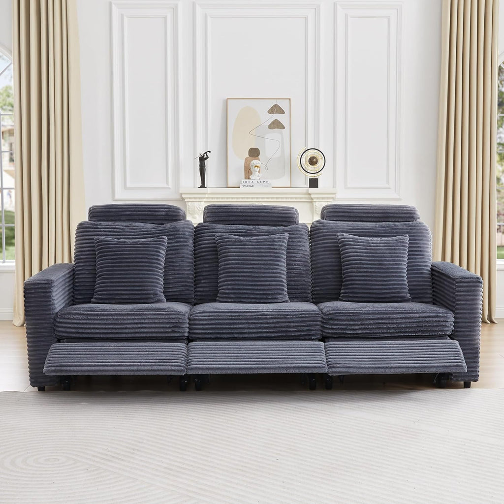 LEVNARY 3-Seater Modular Reclining Sofa, Faux Rabbit Fur Power Recliner Couch with 3 Electric Seats, 3 Pillows & Side Pockets, Adjustable Back & Footrest, Living Room Furniture (Gray)