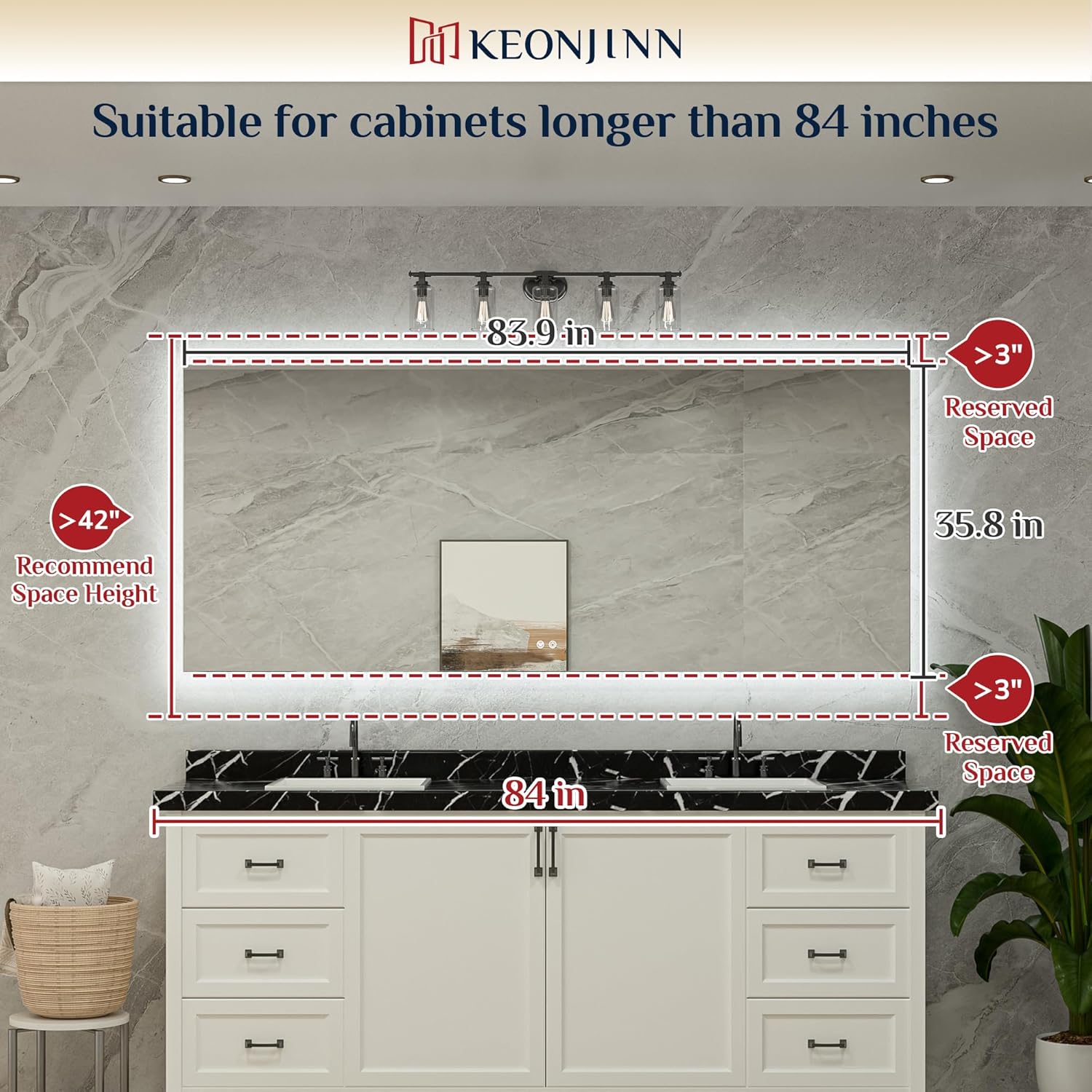 Keonjinn LED Backlit Mirror 84” x 36” Oversized Lighted Bathroom Mirror with UL Listed LED Driver, Large Stepless Dimmable Wall Mirror, Tempered Glass, CRI90+ Anti Fog Vanity Mirror with Backlights