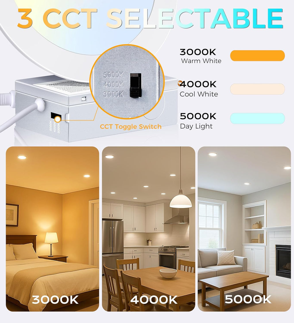 CLOUDY BAY 4 inch 3000K/4000K/5000K Three Color Temperature Selectable, Dimmable 10W CRI 90+,Ultra Thin Recessed Downlight with Junction Box, Canless Wafer Down Light, Damp Location,White Finish, 6PK