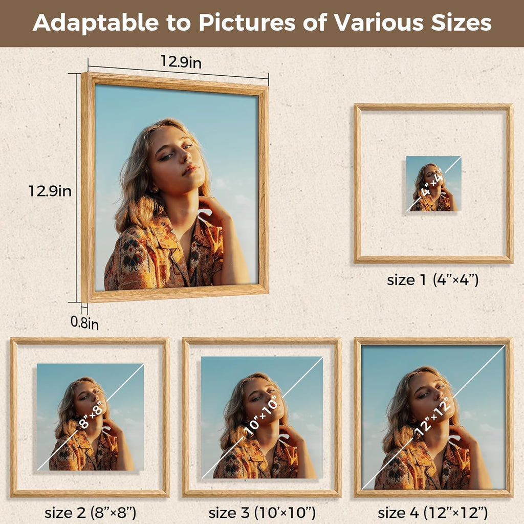 Axeman 12x12 Floating Picture Frame - Solid Oak Wood Square Picture Frame, Double Tempered Glass Photo Frame 3x3 4x4 5x5 6x6 8x8 12''x12'' Wood Frame, Wall Mount Or Tabletop Standing, Natural