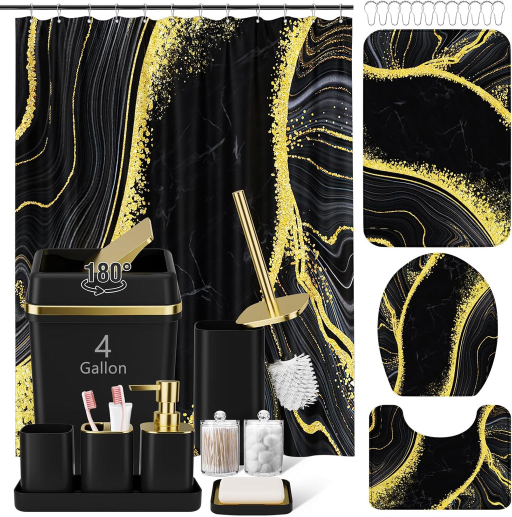 25PCS Bathroom Accessory Set, Black Bathroom Set with Large-Capacity 4 Gallon Trash Can,Bathroom Sets with Shower Curtain and Rugs, Bathroom Rugs Set, Home Decor