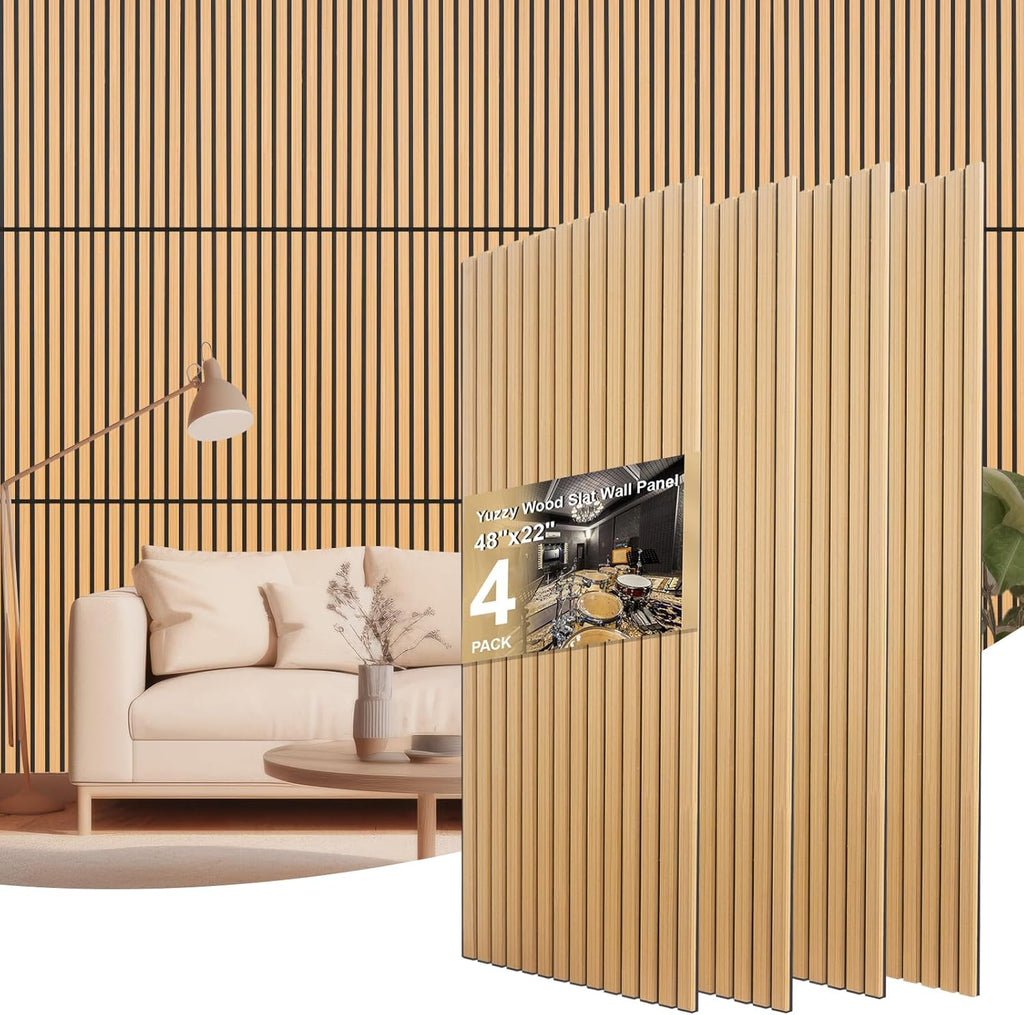 Yuzzy Acoustic Wood Slat Wall Panels - 48" x 22" Teak Fluted Sound Absorbing Panel for Wall and Ceiling - 4 Pcs Wall Panels for Interior Wall Decor for Homes, Offices, Studios