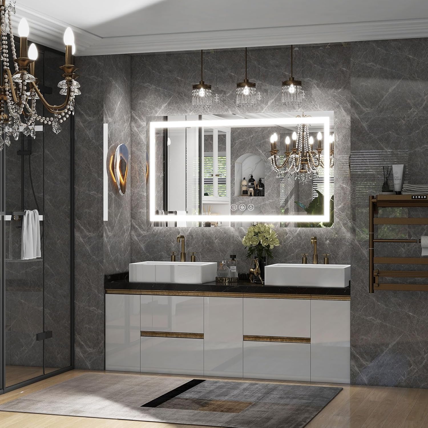 LED Bathroom Mirror, 32x48 Inch White Framed Gradient Front and Backlit Vanity Mirror, Anti-Fog, Dimmable, Wall Mounted Horizontal/Vertical Lighted Mirror, LED Vanity