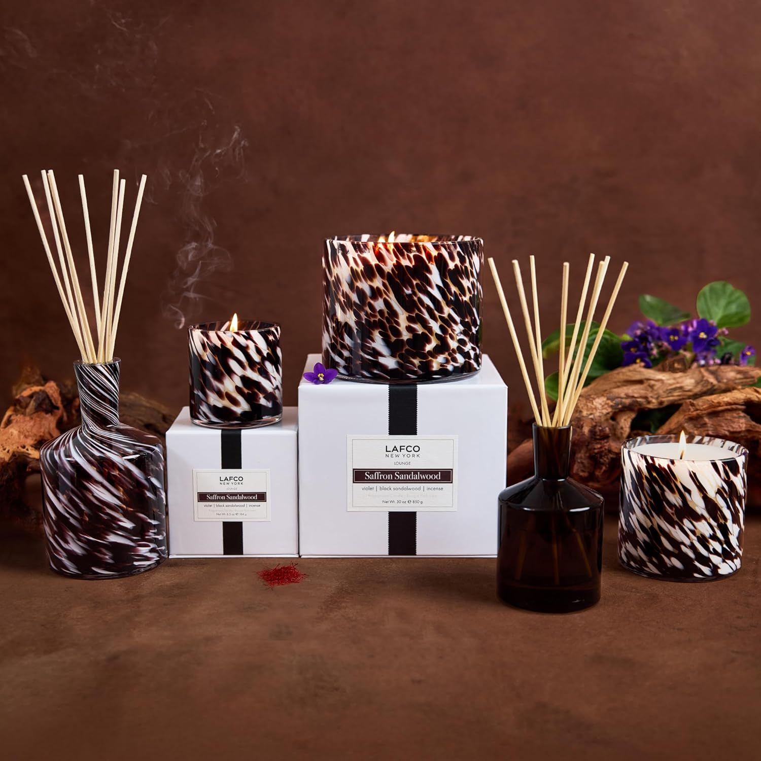 LAFCO New York Fall Classic Reed Diffuser, Saffron Sandalwood - 6 oz - Up to 3 Months Fragrance Life - Reusable, Hand Blown Glass Vessel - Natural Wood Reeds - Made in The USA
