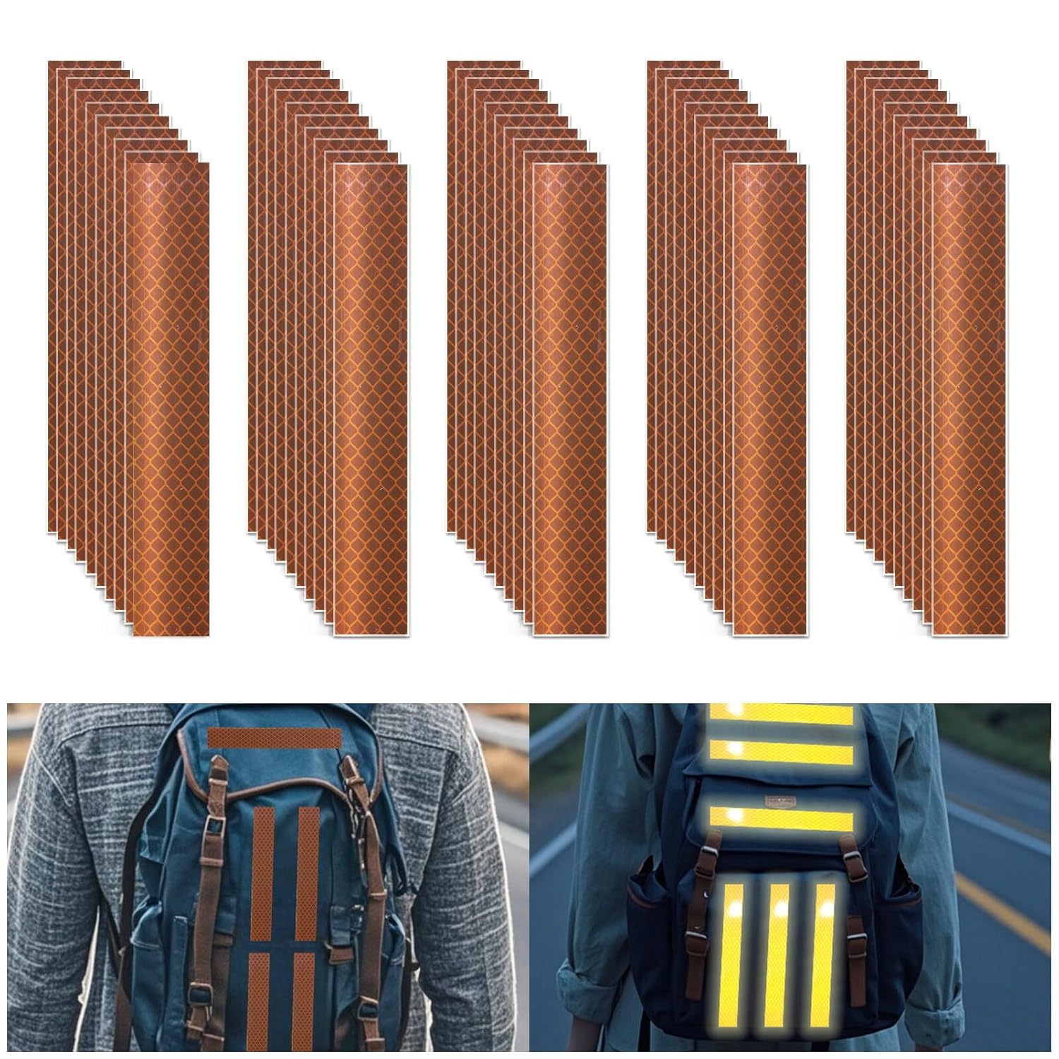 Non Fading Brown Reflective Stickers 1 inch X 6 inch, Outdoor Waterproof High Visibility Warning Safety Adhesive Reflector Tape (50 Pcs)