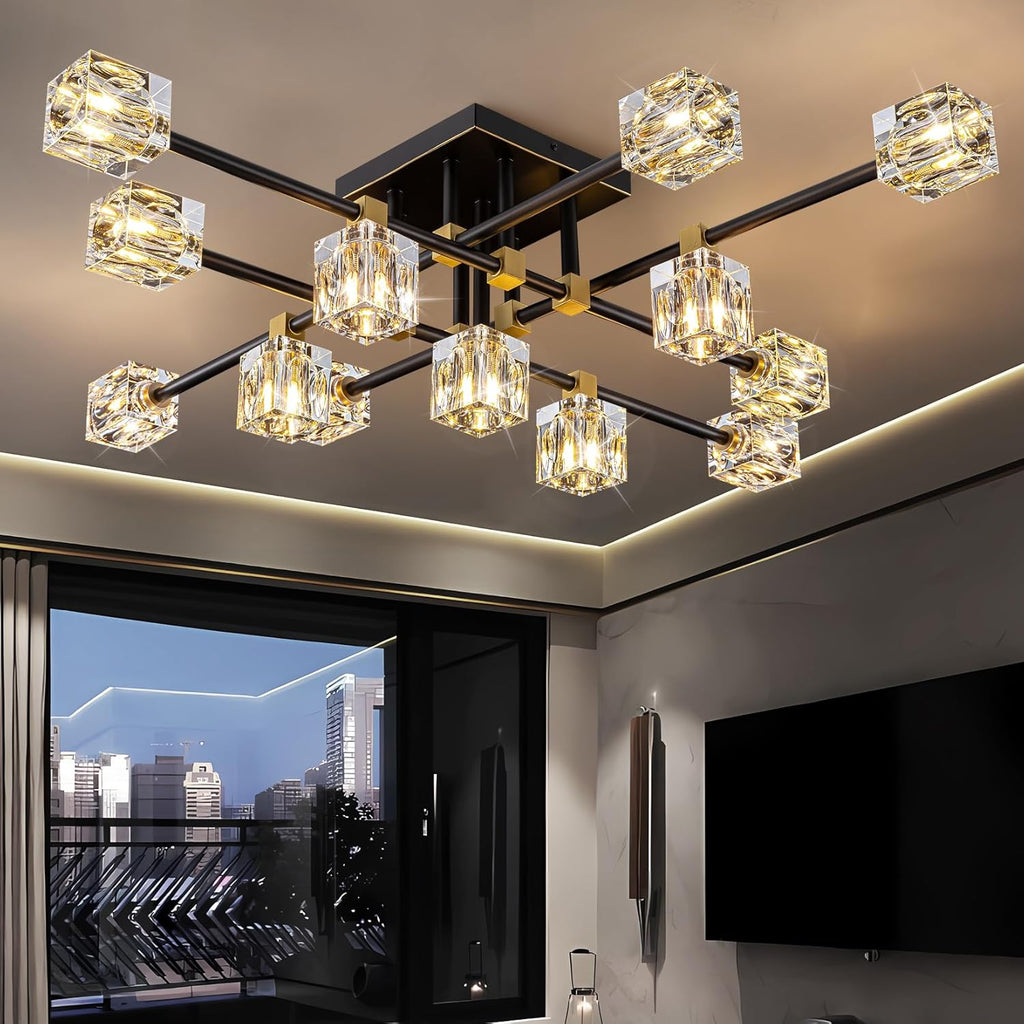 Crystal Ceiling Light Fixture with 13-Lights,Black and Gold Semi Flush Mount Ceiling Light,Modern Chandelier for Kitchen Island,Living Room,Bedroom,Dining Room