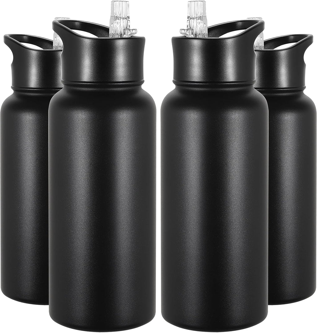 VEGOND 32 oz Insulated Water Bottle Bulk Stainless Steel Metal Water Bottles with Leak Proof Straw Lid & Spout Lid, Wide Mouth Double Walled Vacuum Travel Sports Bottle, Black 4 Pack