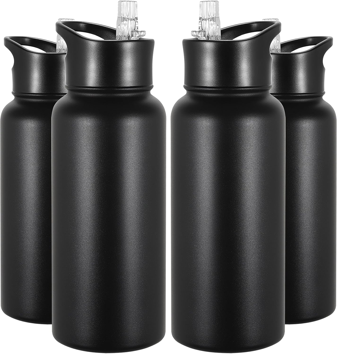 VEGOND 32 oz Insulated Water Bottle Bulk Stainless Steel Metal Water Bottles with Leak Proof Straw Lid & Spout Lid, Wide Mouth Double Walled Vacuum Travel Sports Bottle, Black 4 Pack