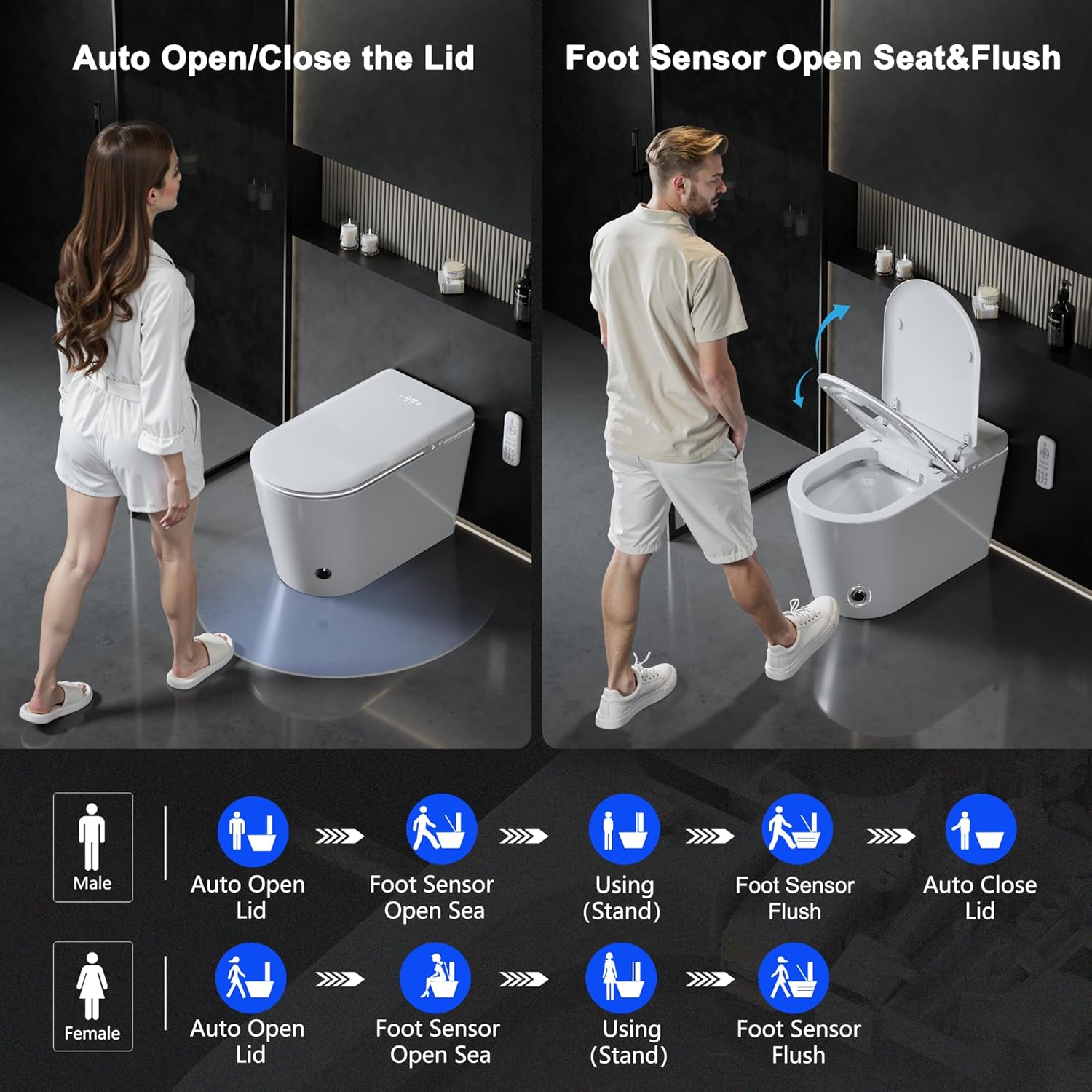 Smart Toilet with Auto Open/Close Lid for bedroom Heated Seat with Remote Control,Hidden Foam Shield, Multiple Cleaning Modes, Ambient Lighting,Soft Flush Feature Warm Water & Dryer