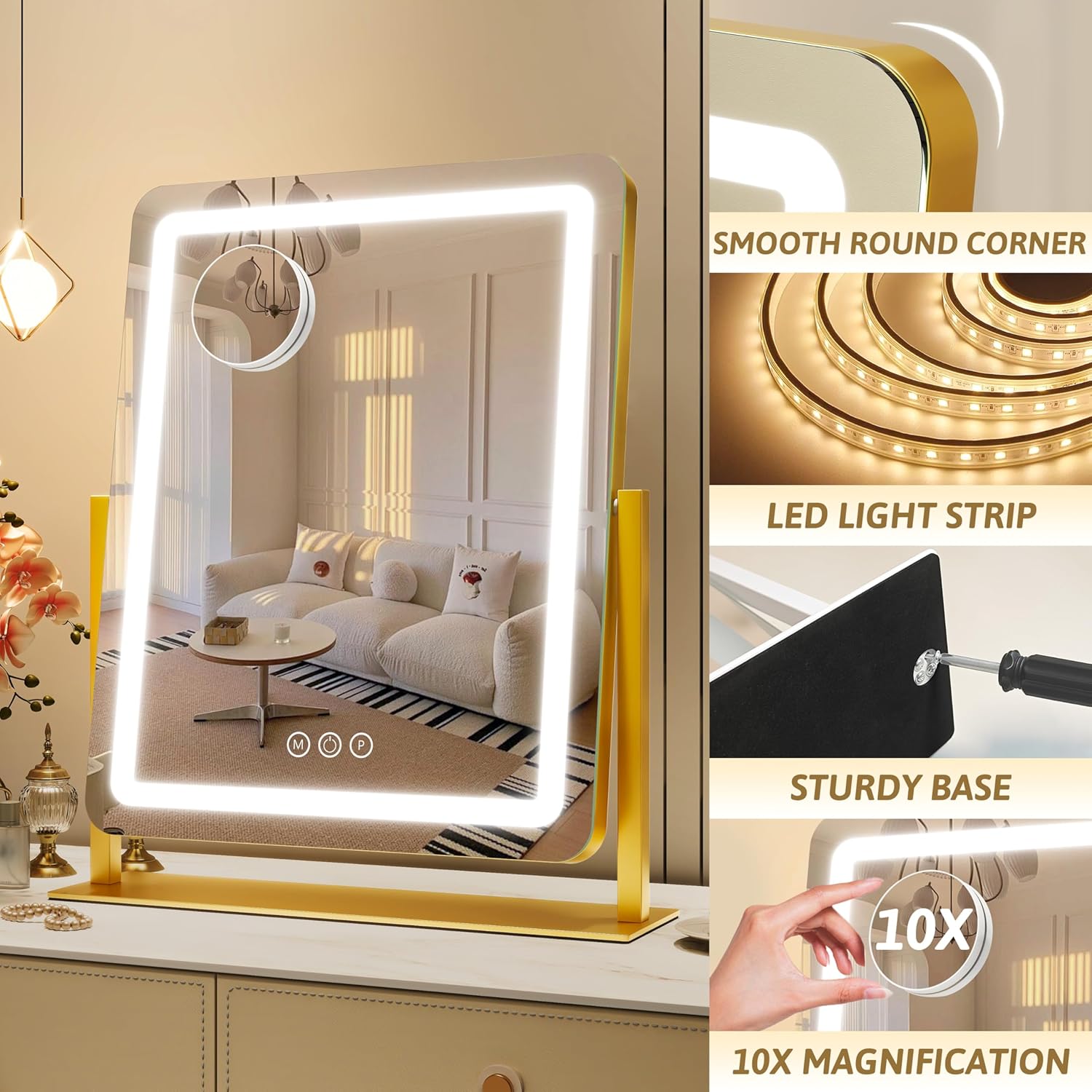 ROLOVE Vanity Mirror with Lights, 18"x22" LED Makeup Mirror with 10X Magnification, Smart Touch 3 Colors Dimmable, Light Up Mirror for Makeup Desk, 360° Rotation, Gold