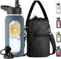 CIVAGO 32 oz Glass Water Bottle with Straw and Insulated Bottle Holder Sling, Motivational Water jug with Time Marker and Silicone Sleeve, Water Flask with 2 Lids for Walking and Gym Smog Blue