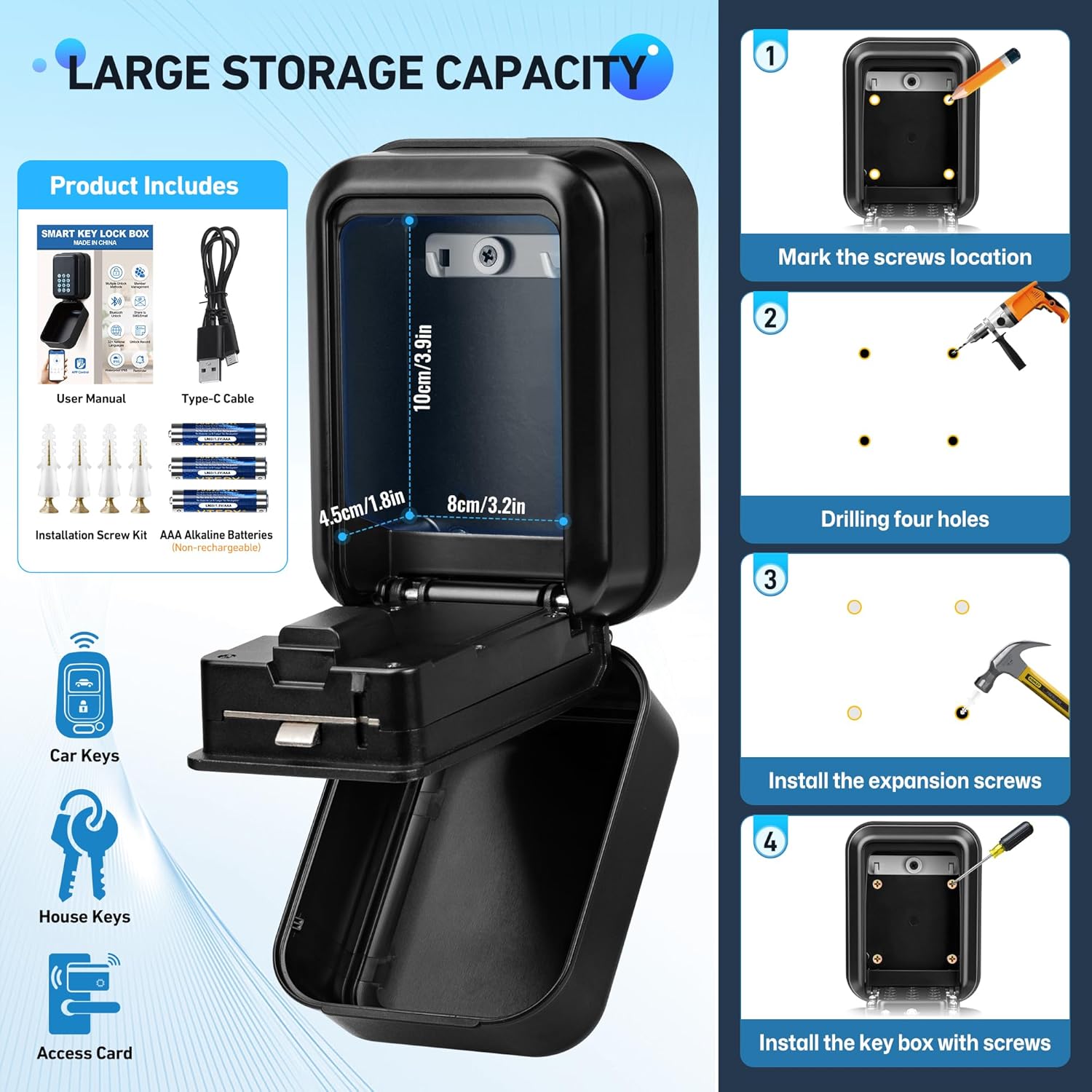 HUANLANG Smart Key Lock Box - Bluetooth Electronic Lock Box for Keys, Wall Mount Digital Key Storage with App Control & PIN Code Types, IP65 Waterproof lockbox for Home, Airbnb, Realtor and Office