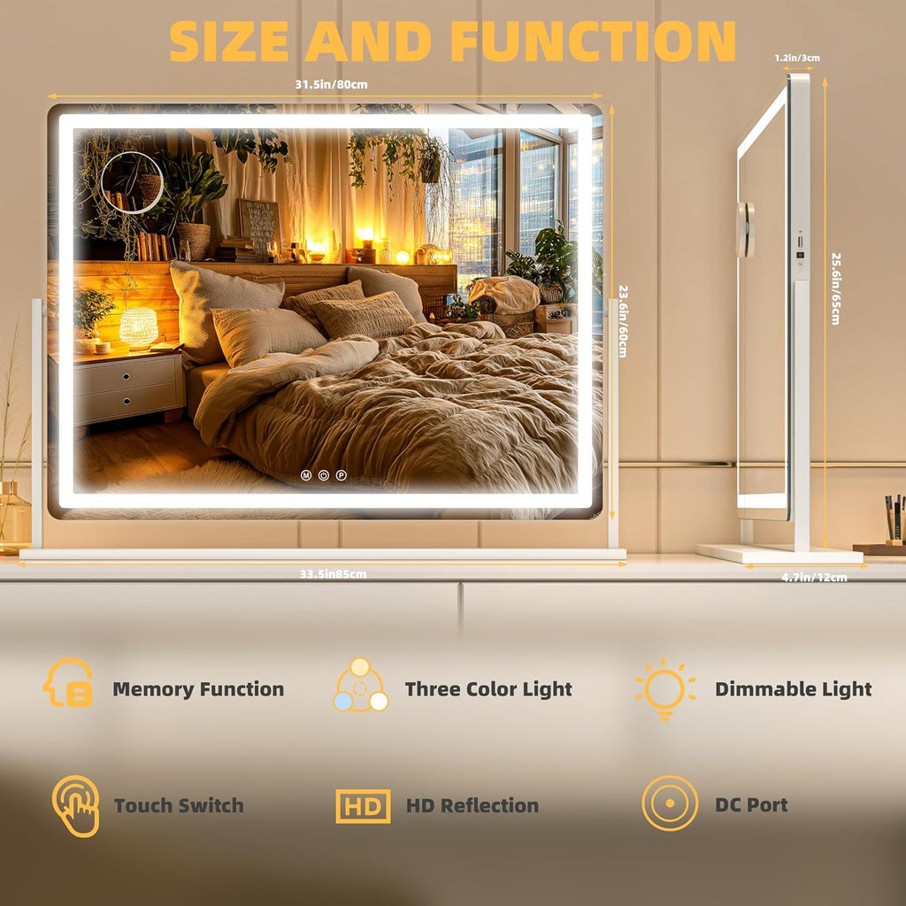 Vanity Mirror with Lights, 34'' x 25.6'' Lighted Makeup Mirror, Touch Screen with 3-Color Lighting, Dimmable for Vanity Desk Tabletop Round White