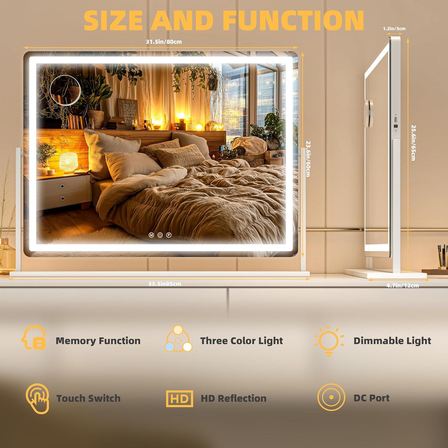 Vanity Mirror with Lights, 34'' x 25.6'' Lighted Makeup Mirror, Touch Screen with 3-Color Lighting, Dimmable for Vanity Desk Tabletop Round White