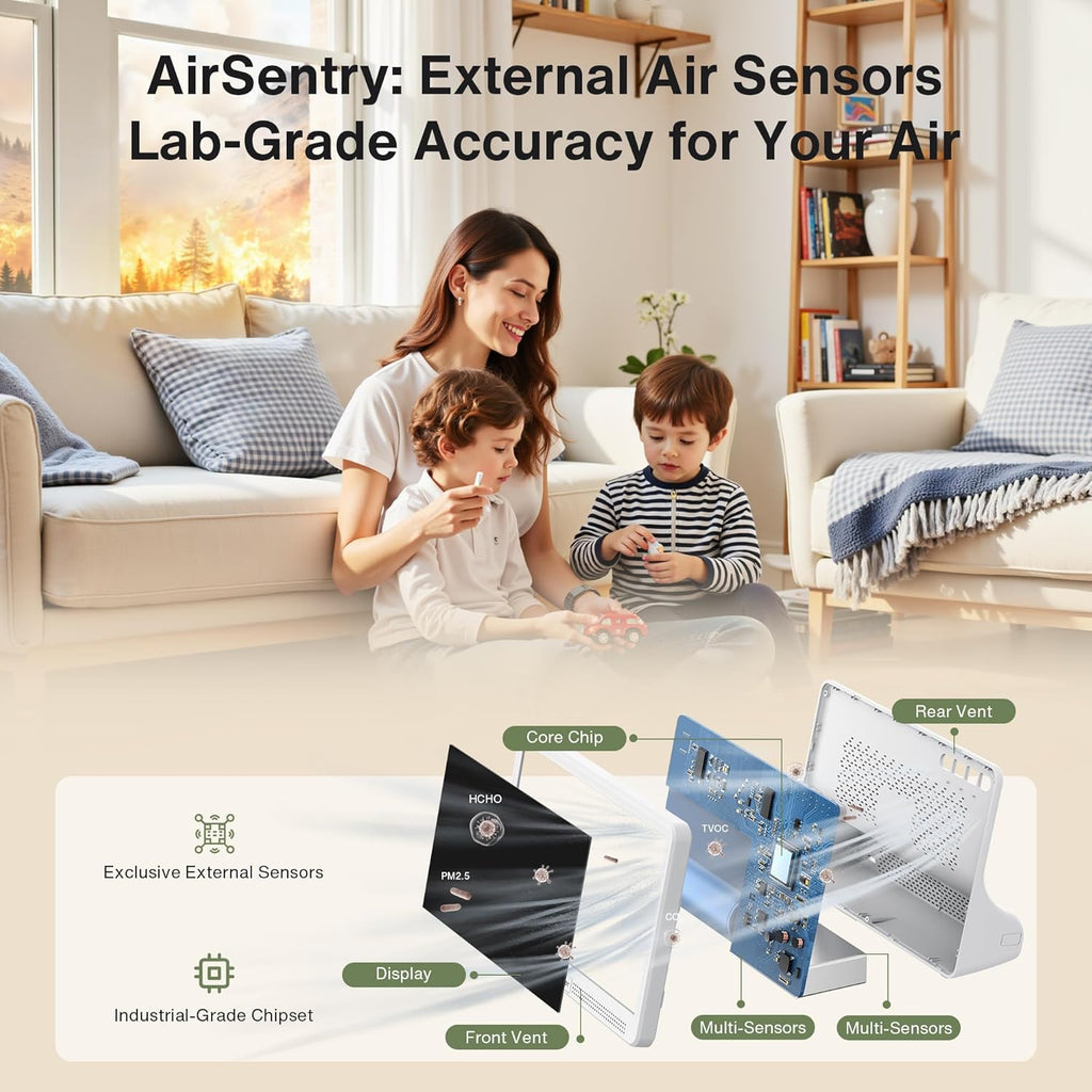 bonoch Upgrade Extended 12-Hour Battery Life 16 in 1 Air Quality Monitor Indoor with 7" Display, Professional Air Quality Meter for CO2, TVOC, PM2.5, PM1.0, PM10, HCHO, Temperature Humidity AQI & Time