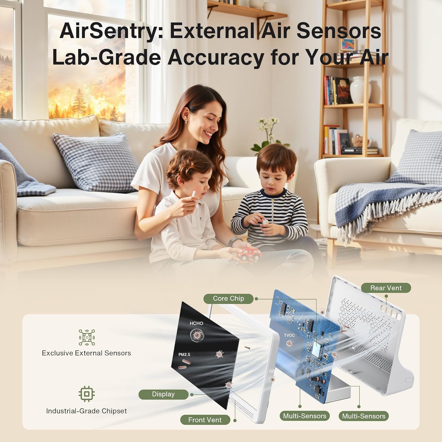 bonoch Upgrade Extended 12-Hour Battery Life 16 in 1 Air Quality Monitor Indoor with 7" Display, Professional Air Quality Meter for CO2, TVOC, PM2.5, PM1.0, PM10, HCHO, Temperature Humidity AQI & Time