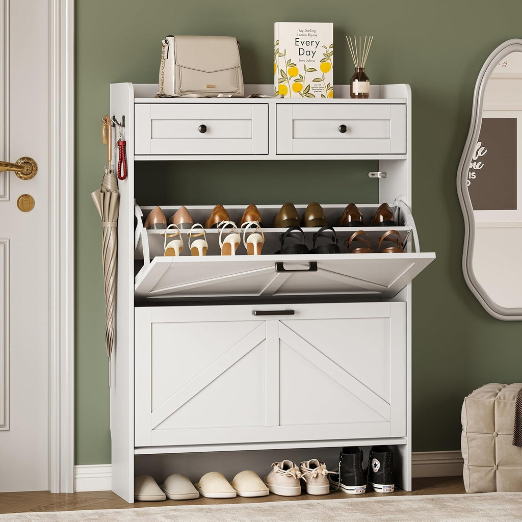 Shoe Storage Cabinet for Entryway, Farmhouse Narrow Shoe Cabinet with 2 Flip Drawers & Top Drawers, Adjustable Shelves & Hooks, Freestanding Hidden Rack Organizer for Hallway, Foyer
