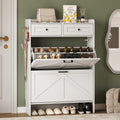Shoe Storage Cabinet for Entryway, Farmhouse Narrow Shoe Cabinet with 2 Flip Drawers & Top Drawers, Adjustable Shelves & Hooks, Freestanding Hidden Rack Organizer for Hallway, Foyer